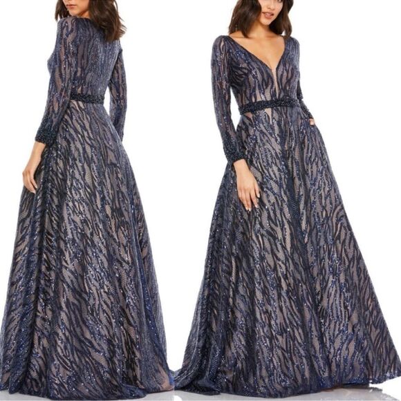 Mac Duggal 67592 Size 8 Deep V-Neck Embellished Raw Hem Ballgown, Midnight